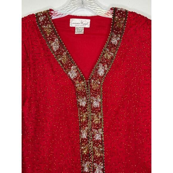 Vintage Laurence Kazer Silk beaded red formal cardigan Jacket Coat hoilday large - Picture 2 of 12